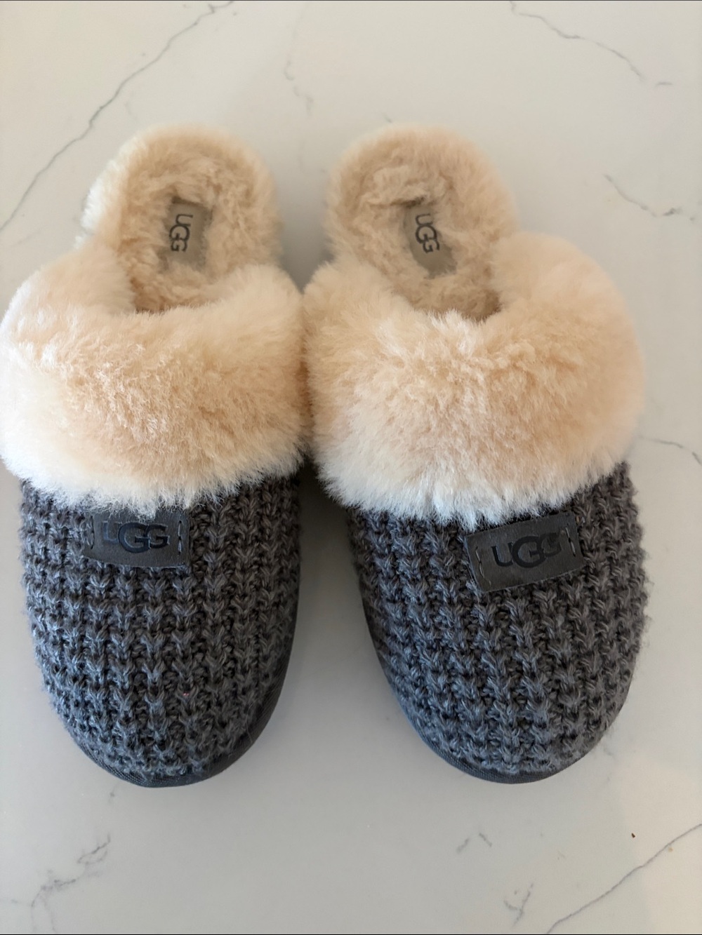 UGG Women's Gray Knit Slippers with Cream Shearling Cuff